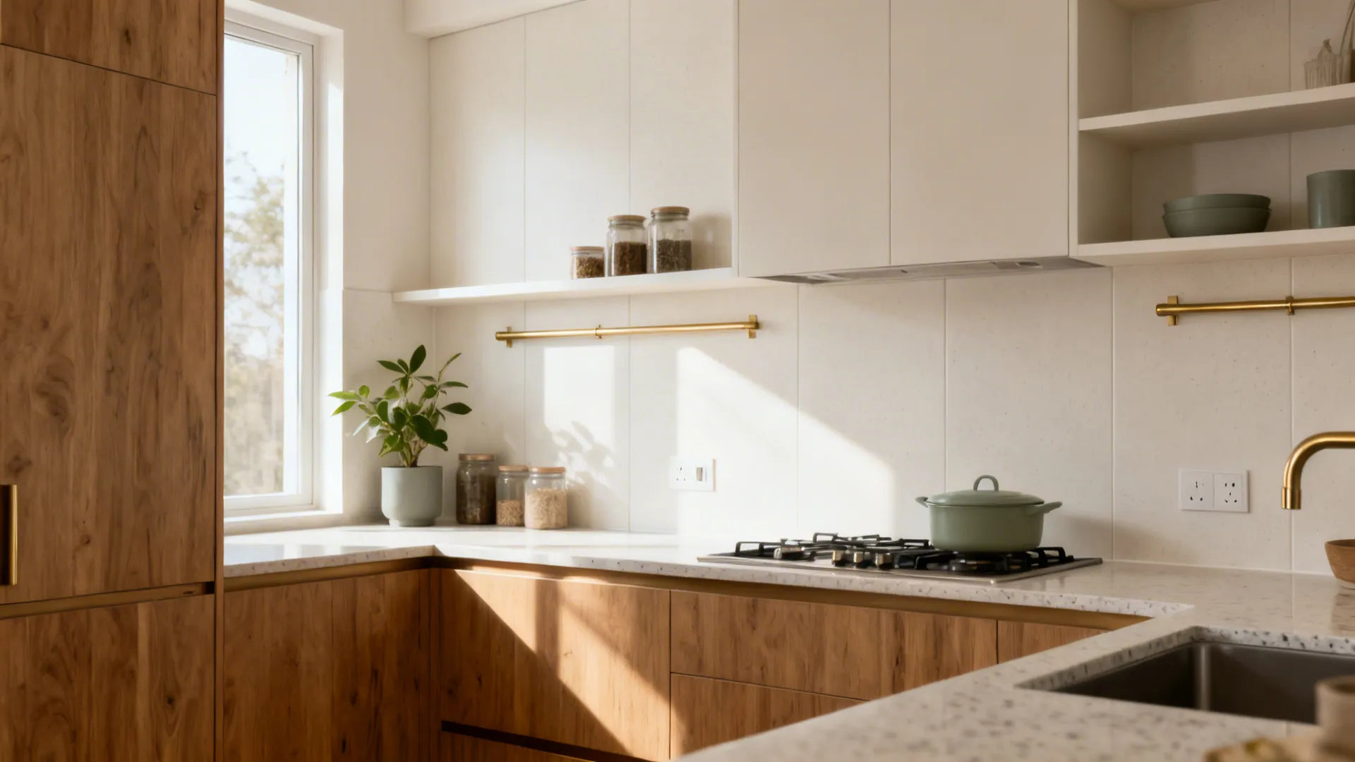 Modern kitchen with wood lower cabinets white upper cabinets gold bars and bright natural sunlight
