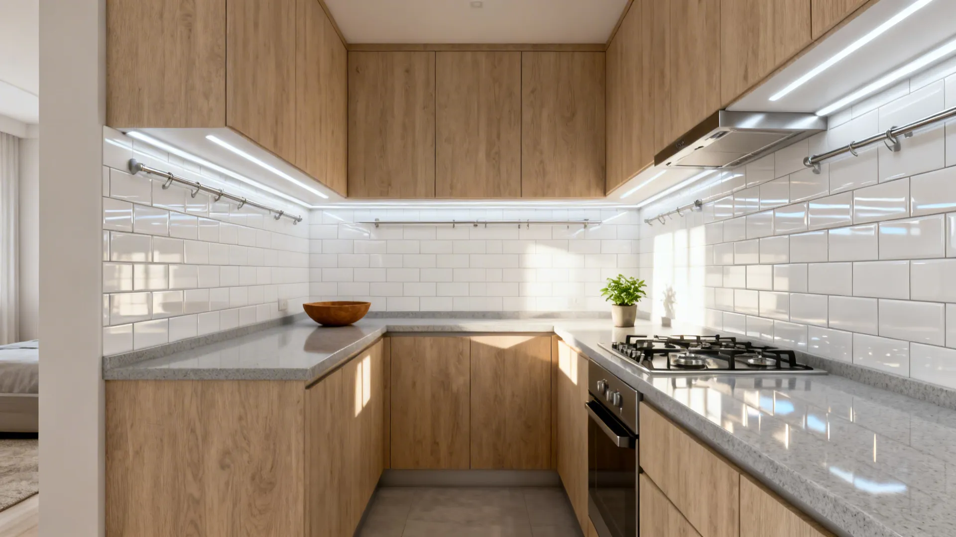 Modern small kitchen with light wood cabinets white wall tiles grey countertops and gas stove
