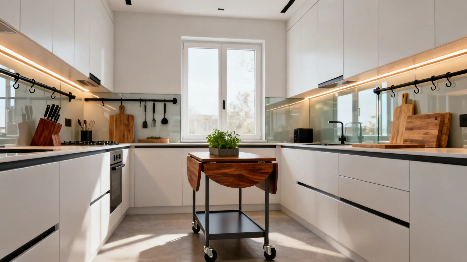 White modern kitchen with wooden top rolling cart and bright light from a large window