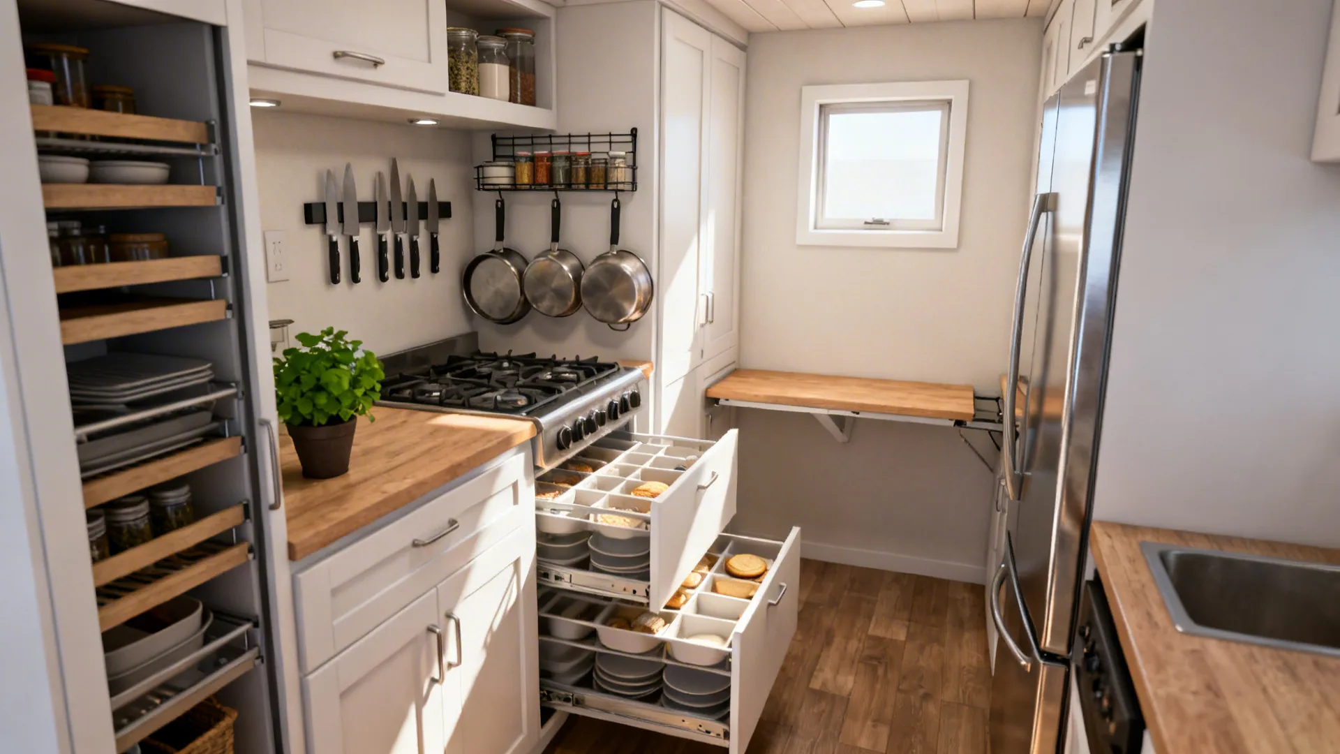 Small white kitchen with wood countertops featuring open drawers for organized plate and bowl storage
