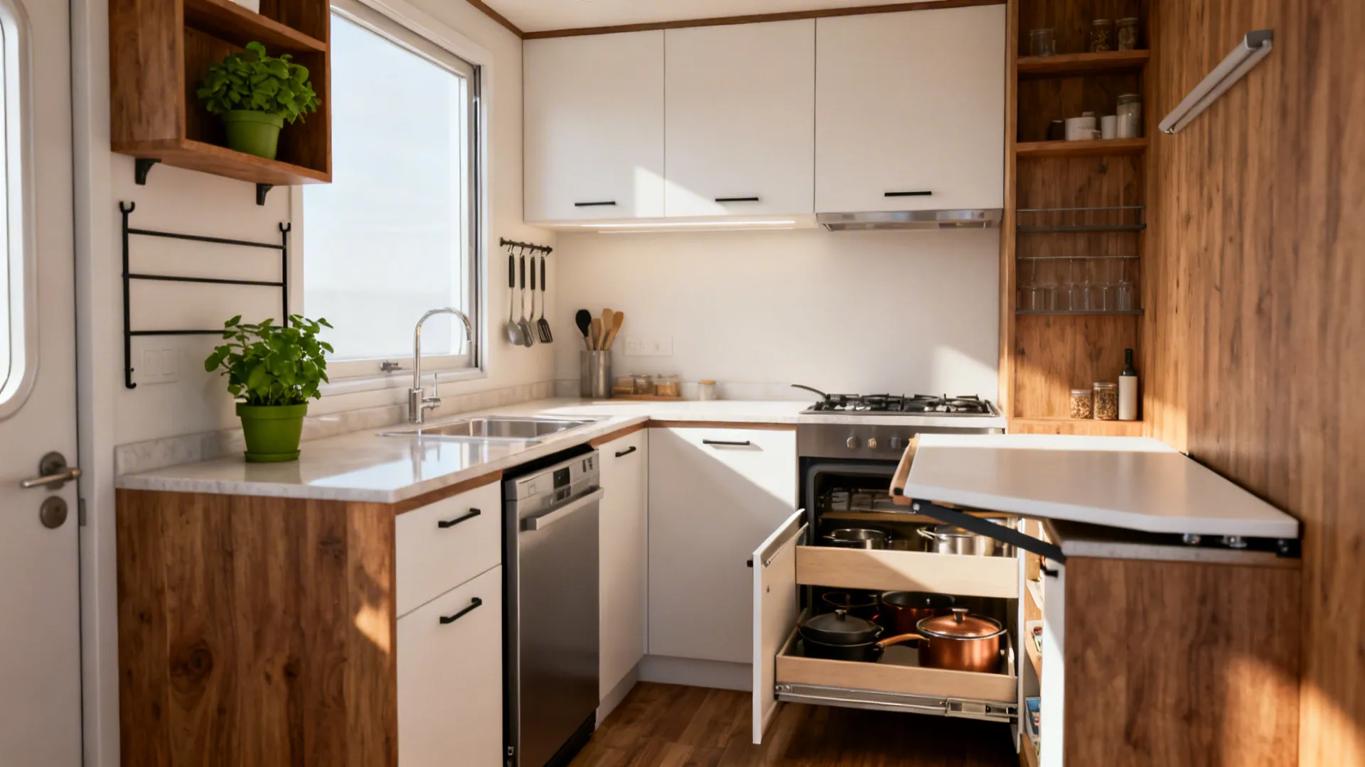 Small modern kitchen with white cabinets wood wall panel green plants and open oven drawer