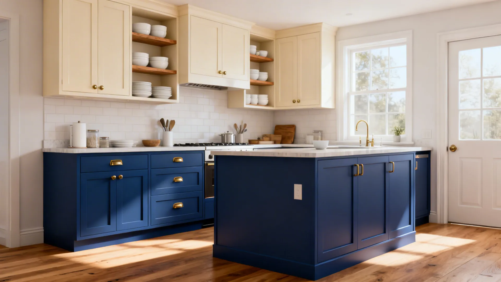 Modern kitchen with blue island cabinets, cream wall cabinets, white wall tiles, and wooden floor