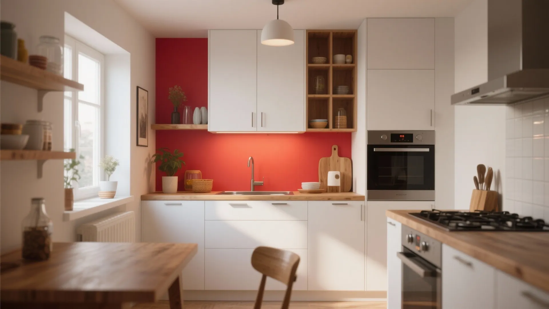 Modern white kitchen with red feature wall white cabinets wood countertop sink and ceiling light