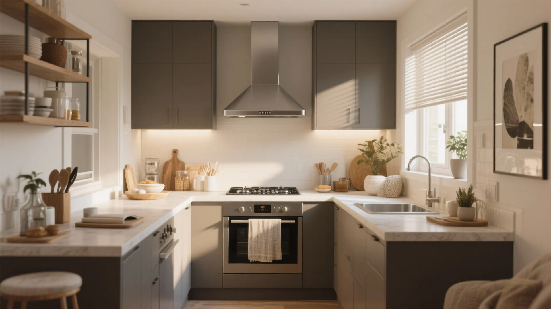 Small modern kitchen with grey cabinets stove hood white countertops window and soft warm indoor lighting
