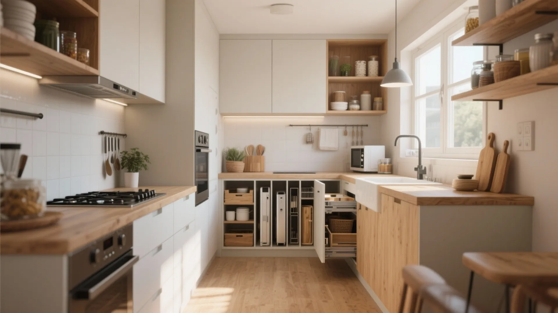 Modern bright kitchen interior design with wood countertops white cabinets and built in storage solutions