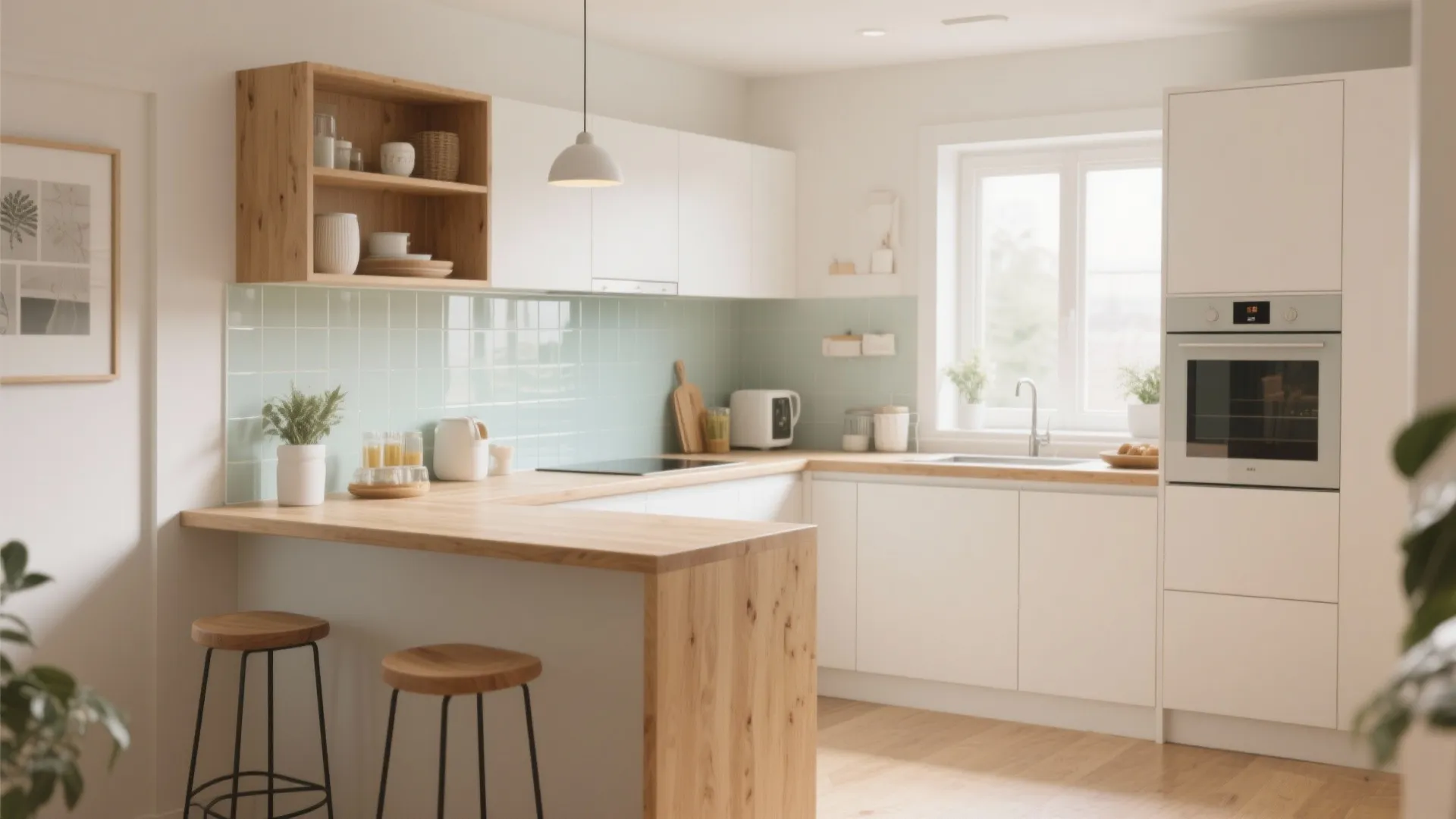 Bright small kitchen with white cabinets, wooden breakfast bar, green tiles, bar stools, and window