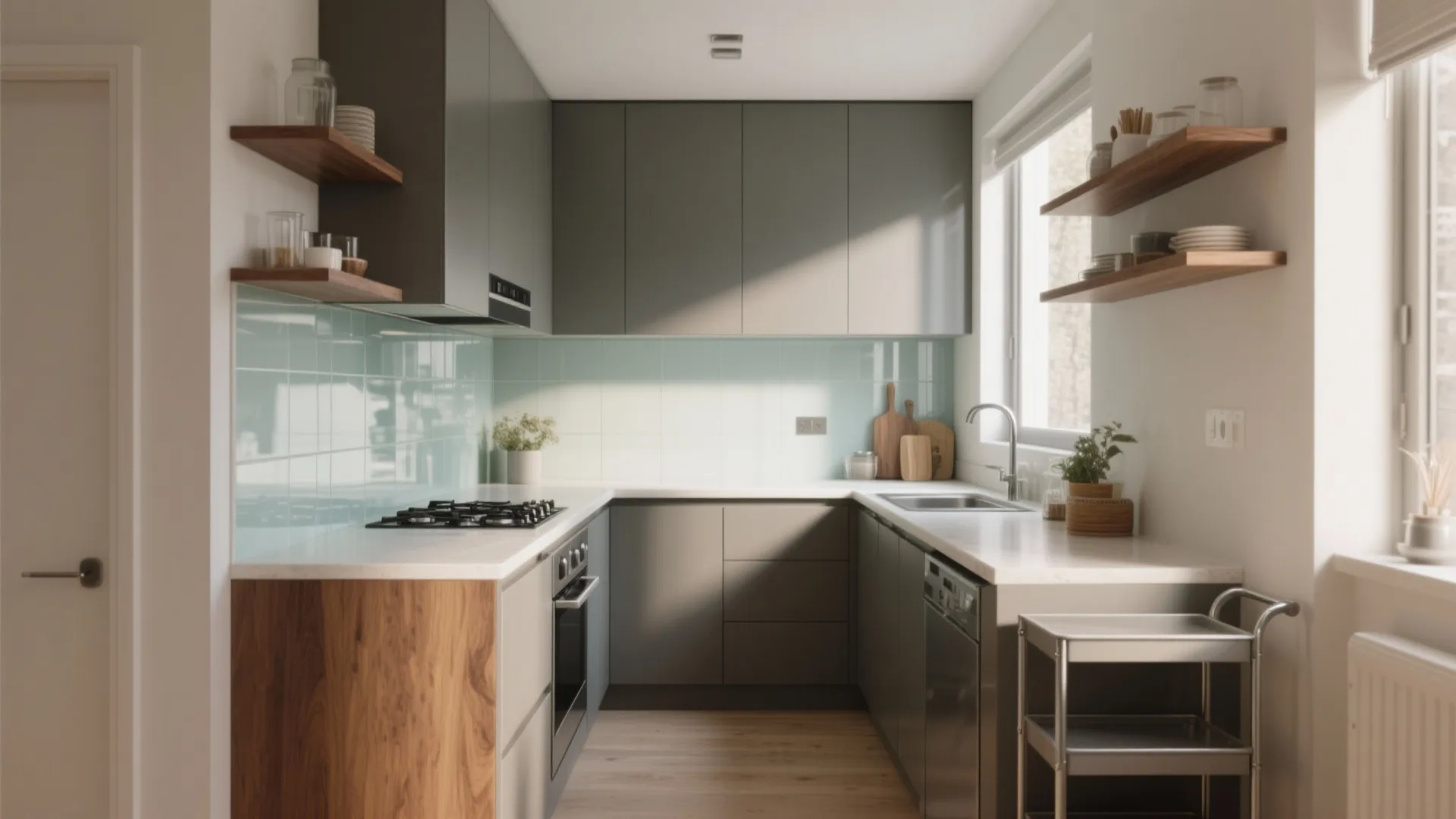 Small modern kitchen with grey cabinets light blue tile backsplash wooden shelves and white countertops
