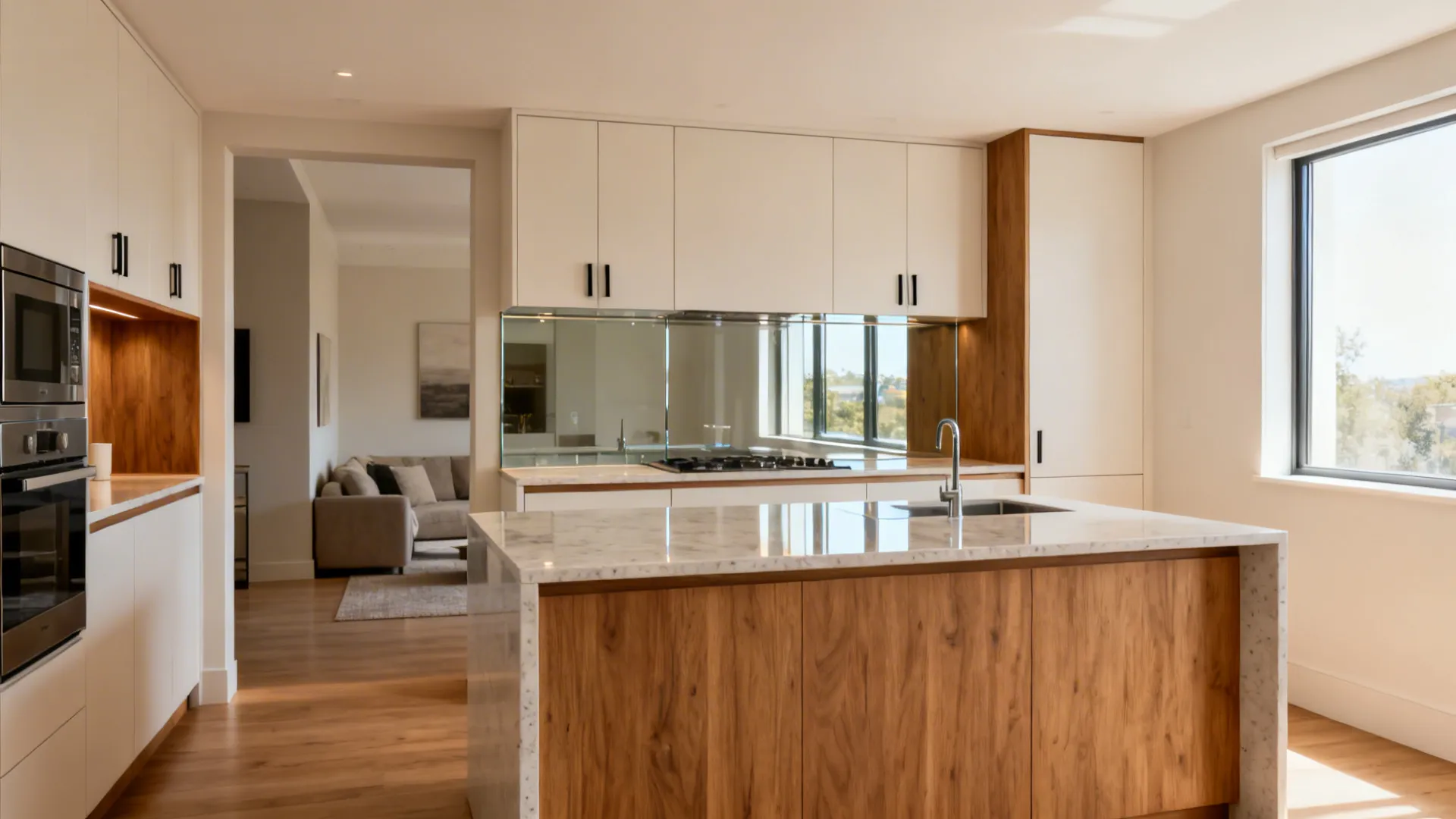 Modern kitchen with white cabinets wood island marble countertop and view into the living room