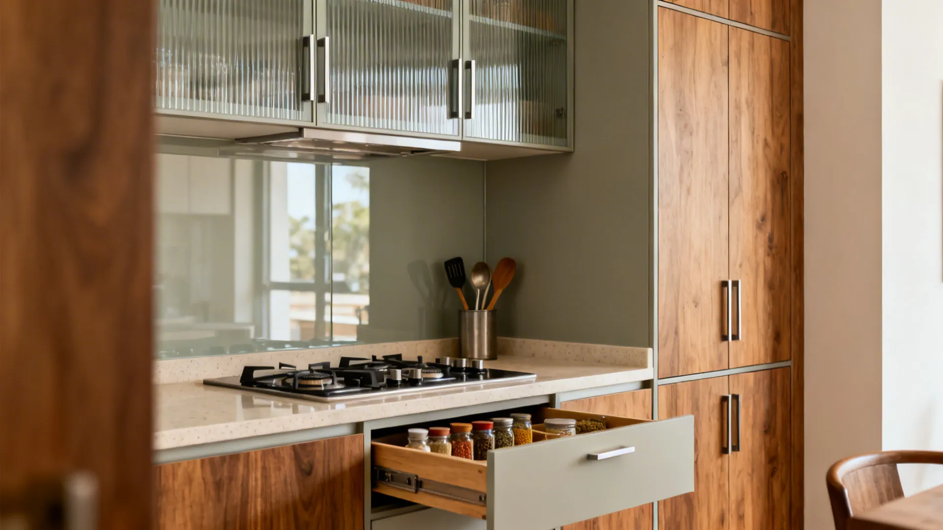 Compact kitchen with ribbed glass uppers, reflective backsplash, and a tall pantry pull-out.