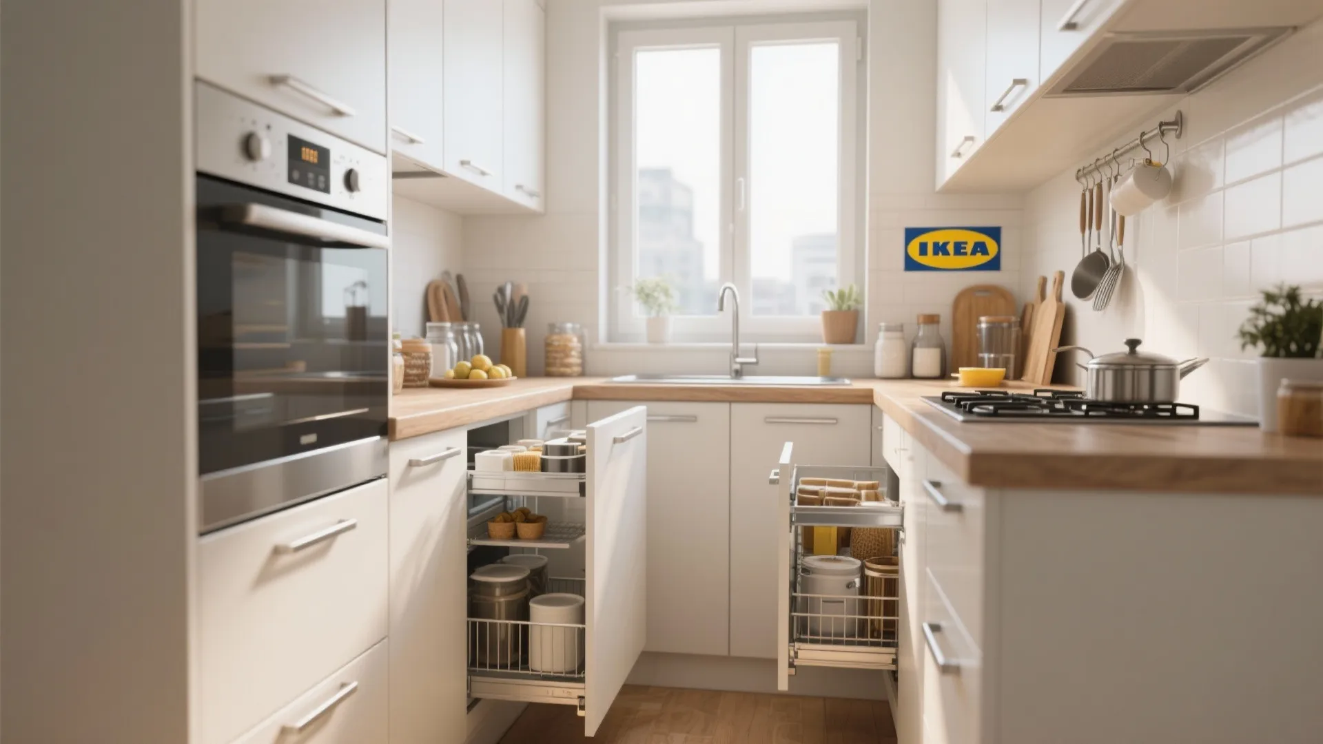 Modern white kitchen with wooden countertop showing open storage drawers and various small kitchen tools
