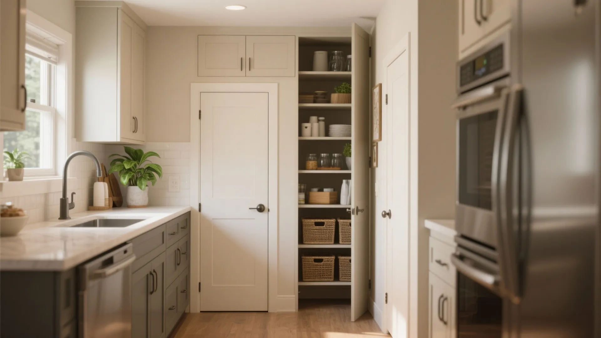 Small kitchen design with grey cabinets white walls open pantry shelves and integrated stainless steel oven