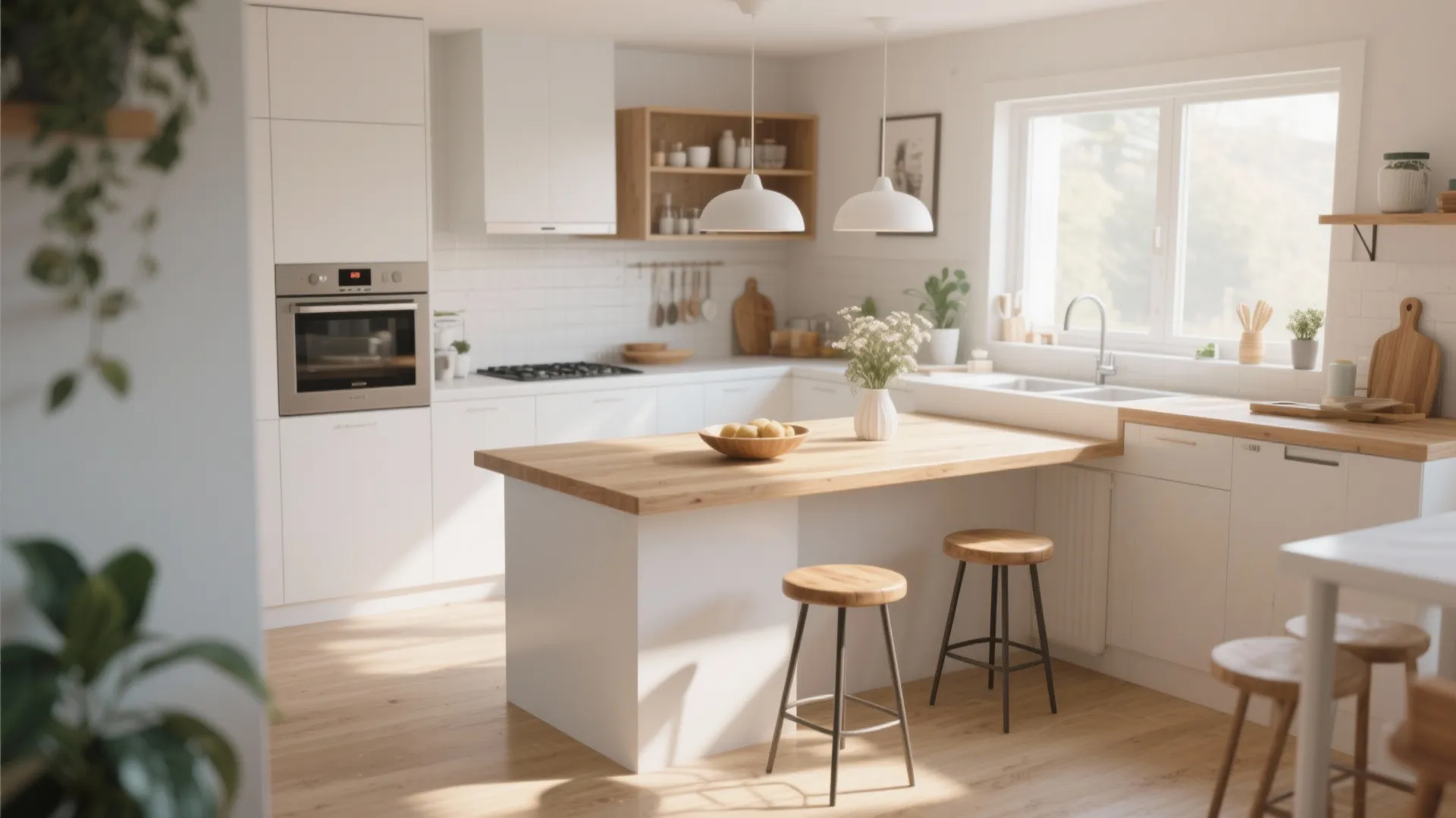 Modern white kitchen featuring wooden island counter with stools plus white ceiling light and window