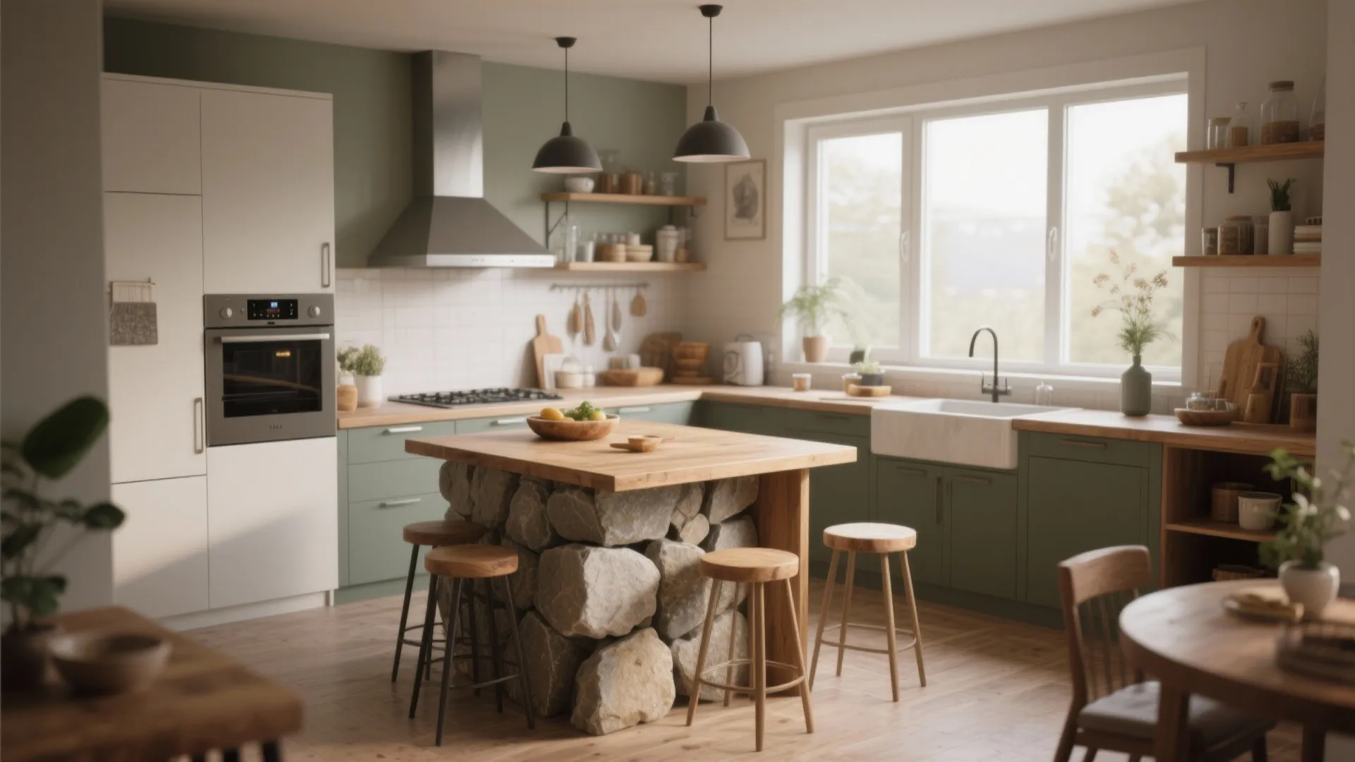 Green kitchen with wooden countertops stone island base four wooden stools and black ceiling lights