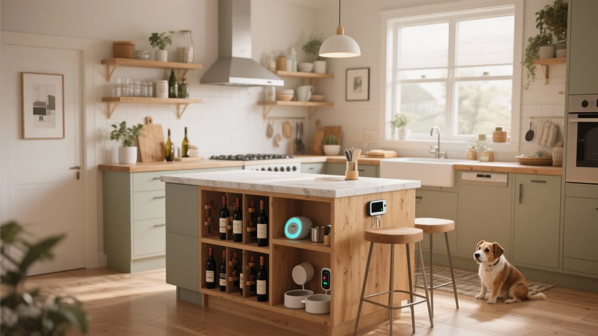 Light green kitchen with wooden island marble top wine storage dog sitting on wood floor