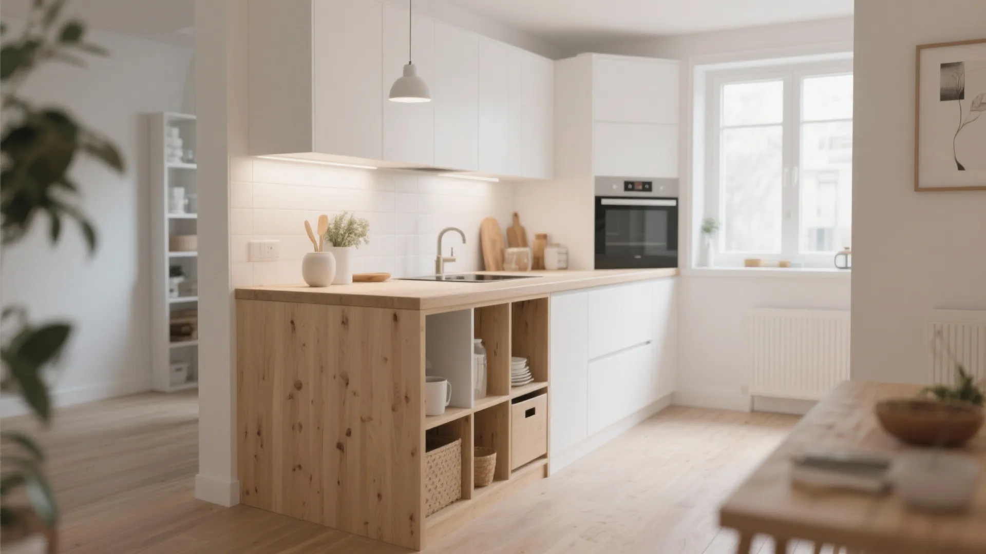 Bright minimalist kitchen with white cabinets light wood island floor window and clean modern look