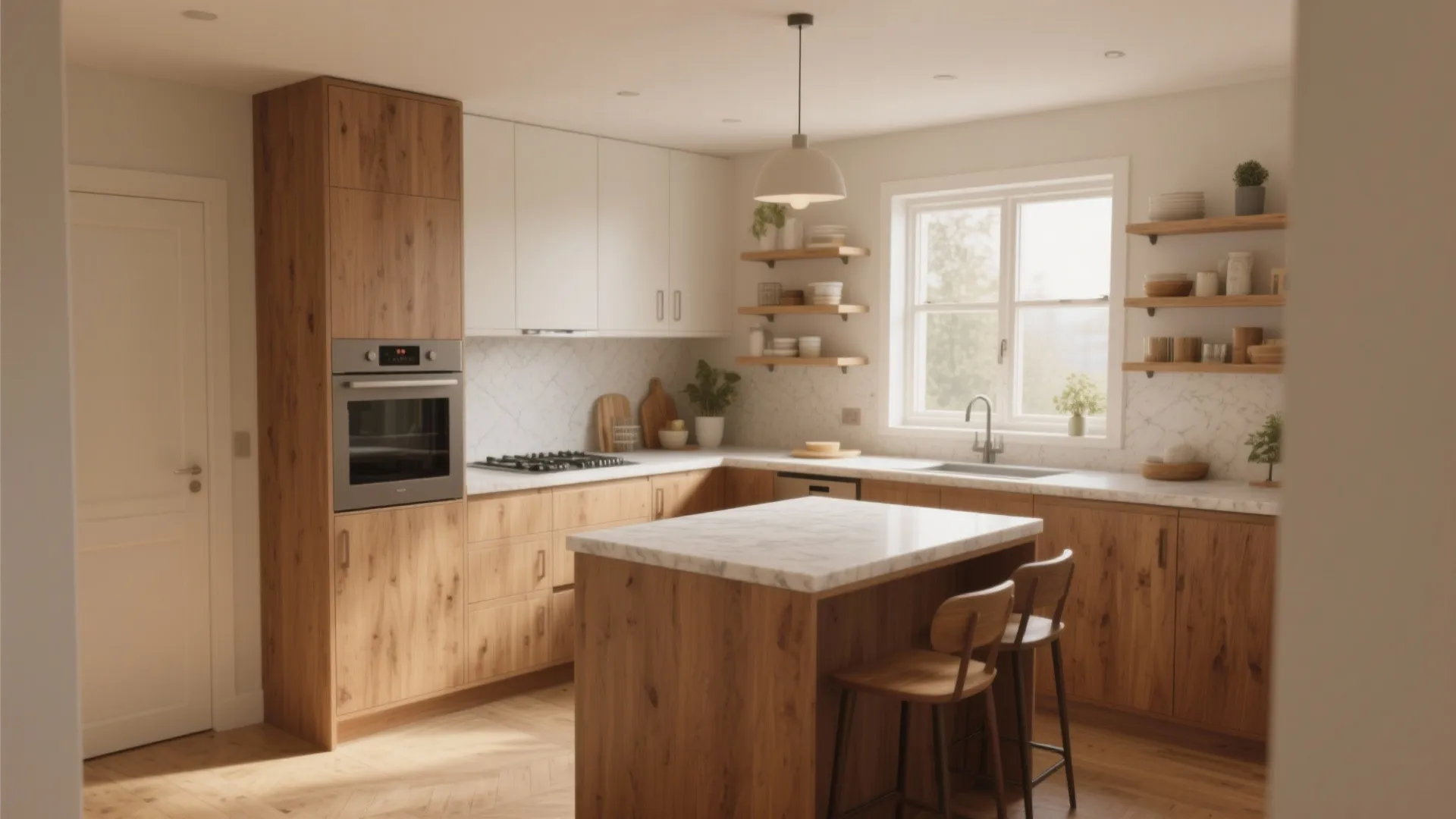 Warm wooden kitchen featuring small central island, wooden stools, open shelves, white cabinets, and window