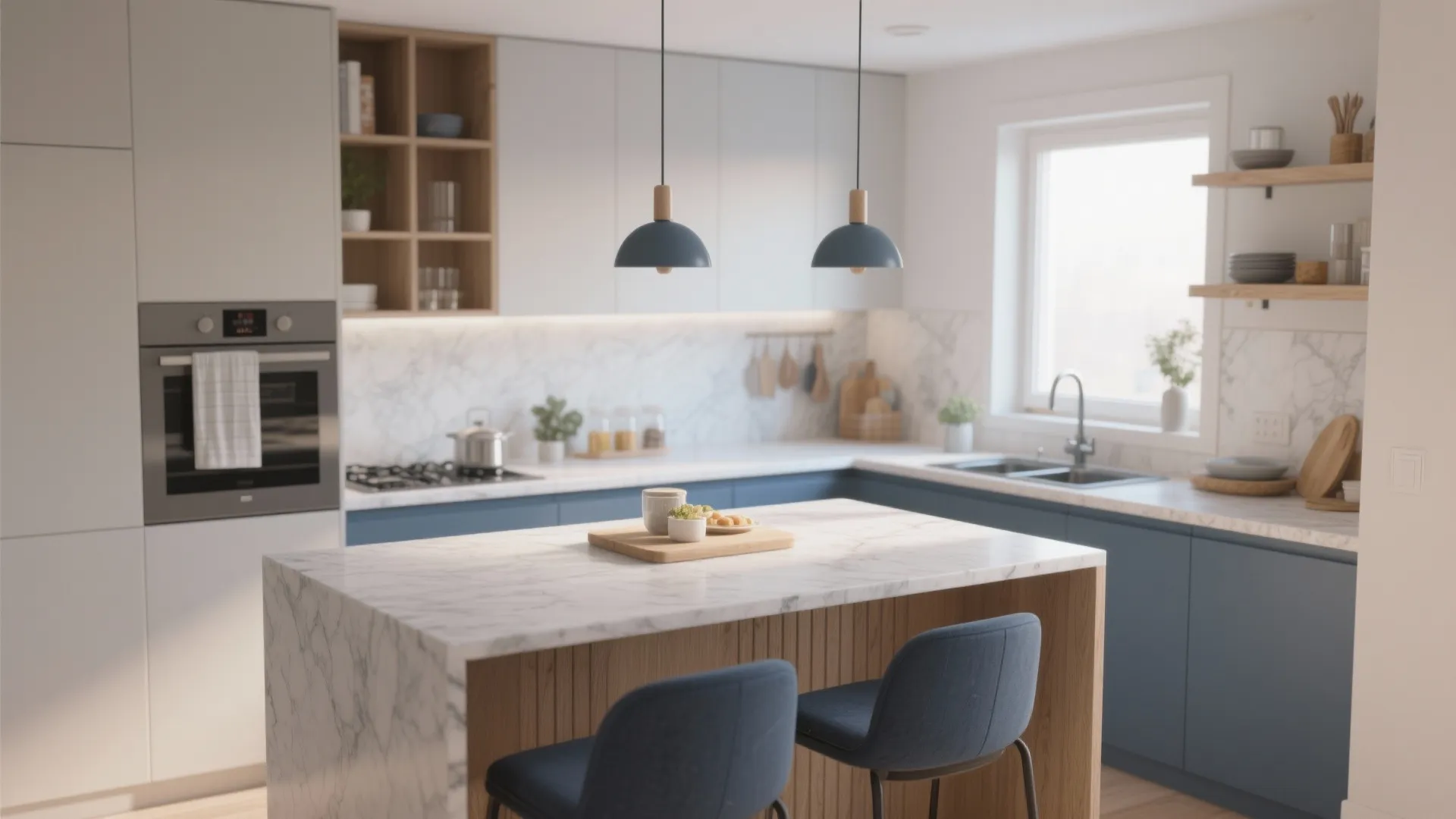 Bright kitchen featuring marble island blue chairs wooden shelves white cabinets and two blue ceiling lights