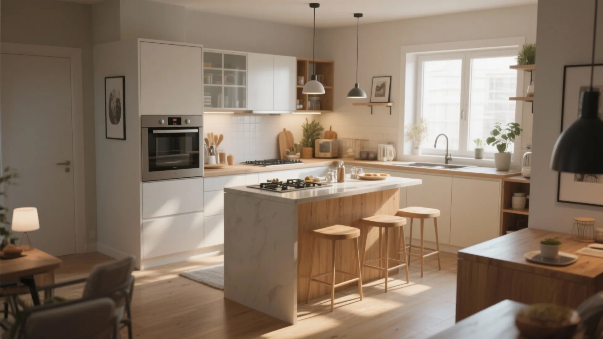 Modern white kitchen with wooden island three bar stools two ceiling lights and large bright window