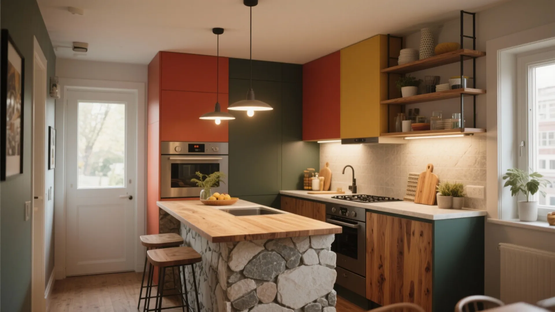 Modern colorful kitchen featuring a stone island wood countertop red cabinets and black ceiling lights