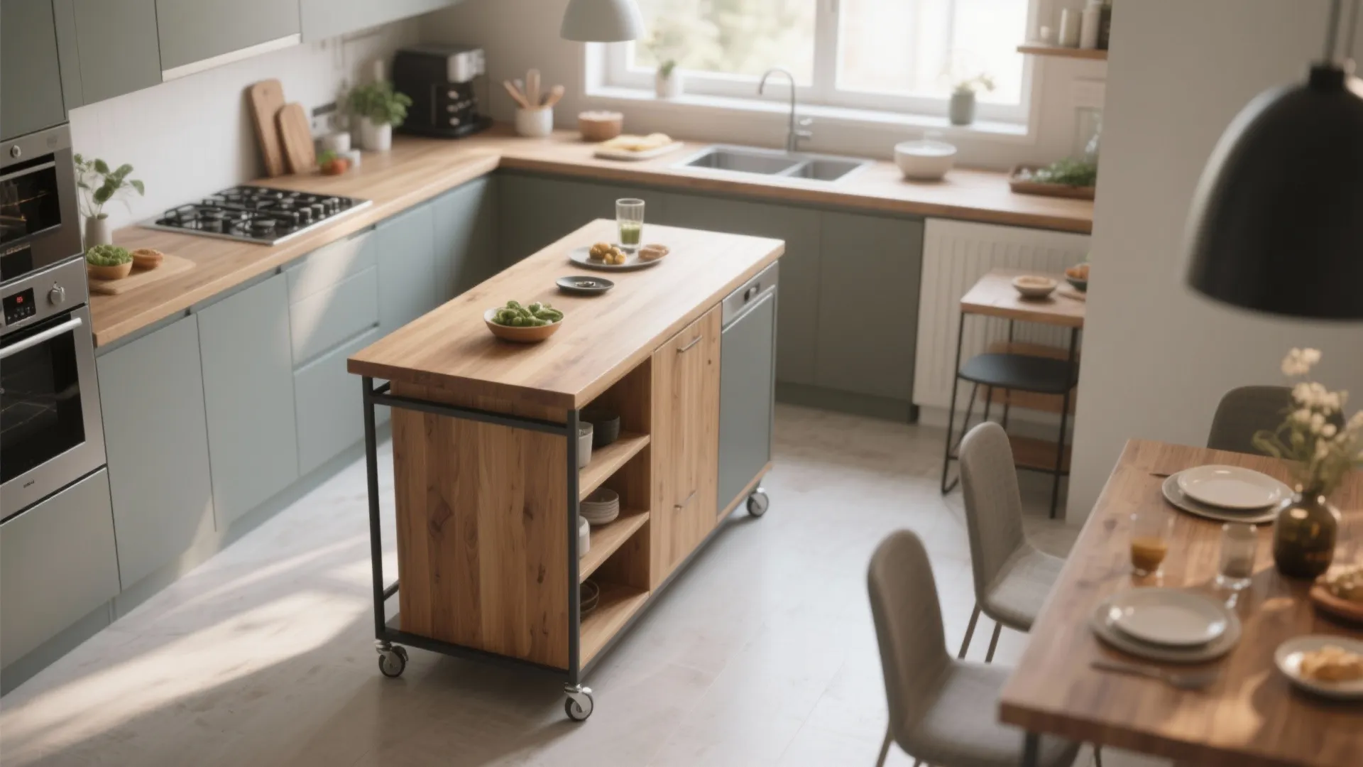 L-shaped kitchen with green cabinets, wooden countertops, and a portable wooden island on small wheels