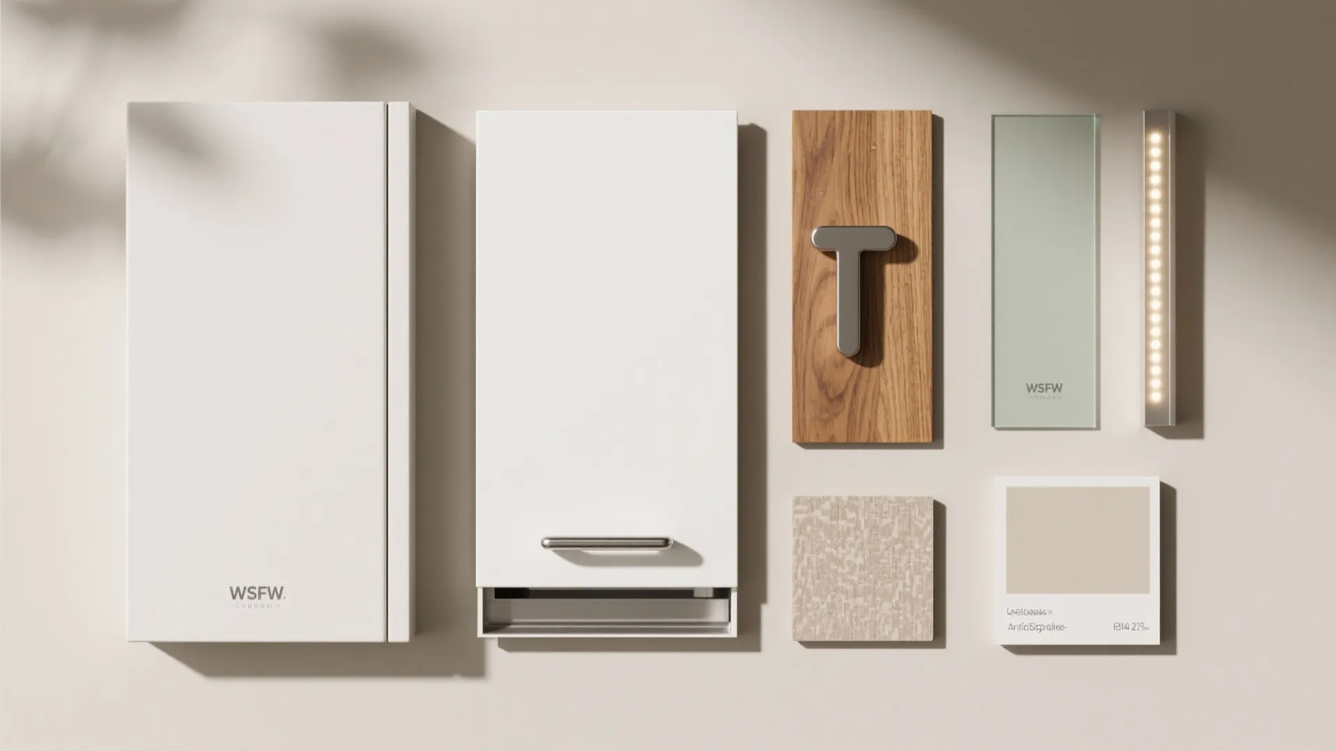 Collection of kitchen design materials including white cabinet doors, wood sample, glass, and light fixture