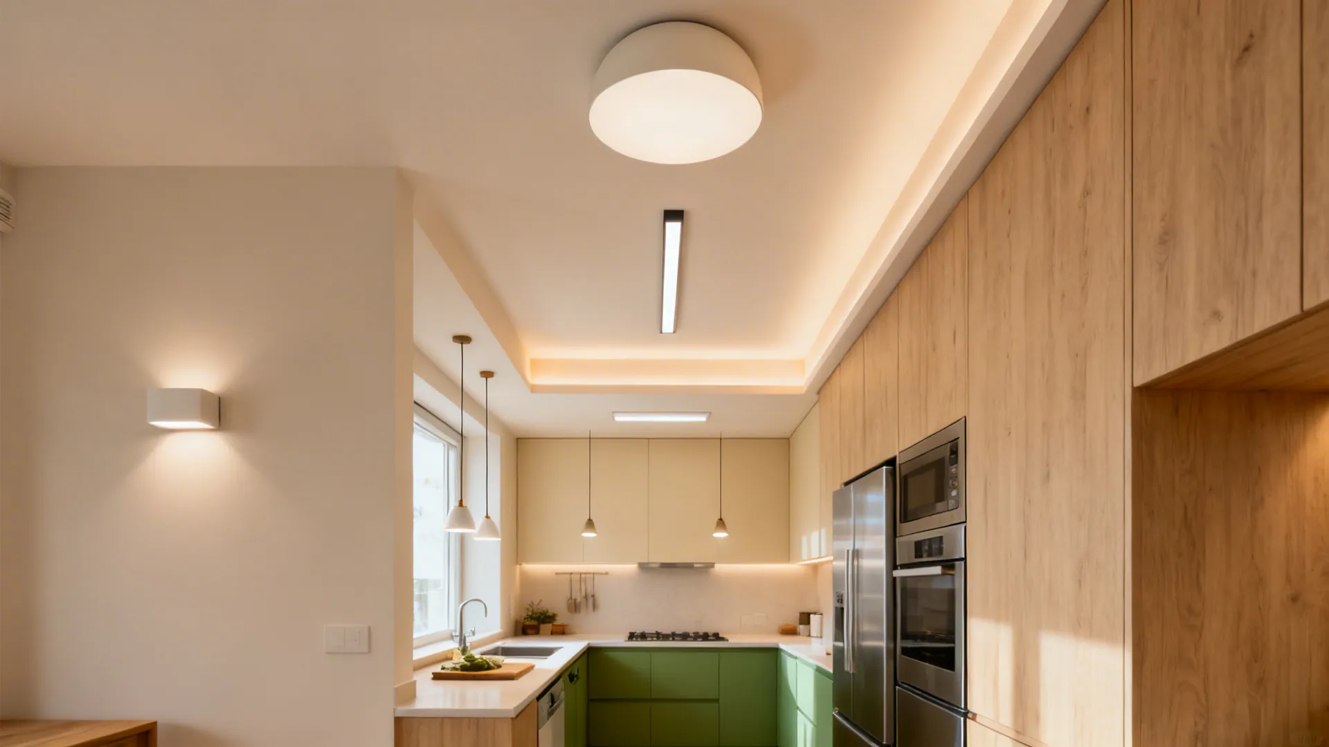 Modern kitchen with green cabinets wooden wall panels white ceiling lights and warm small light