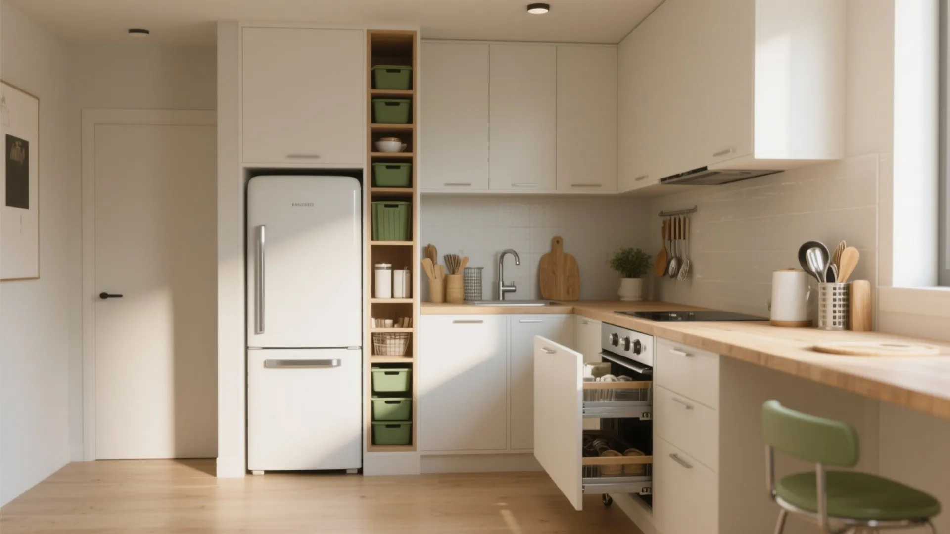 Modern white kitchen interior with wooden countertop fridge stove sink cabinets and green storage boxes display