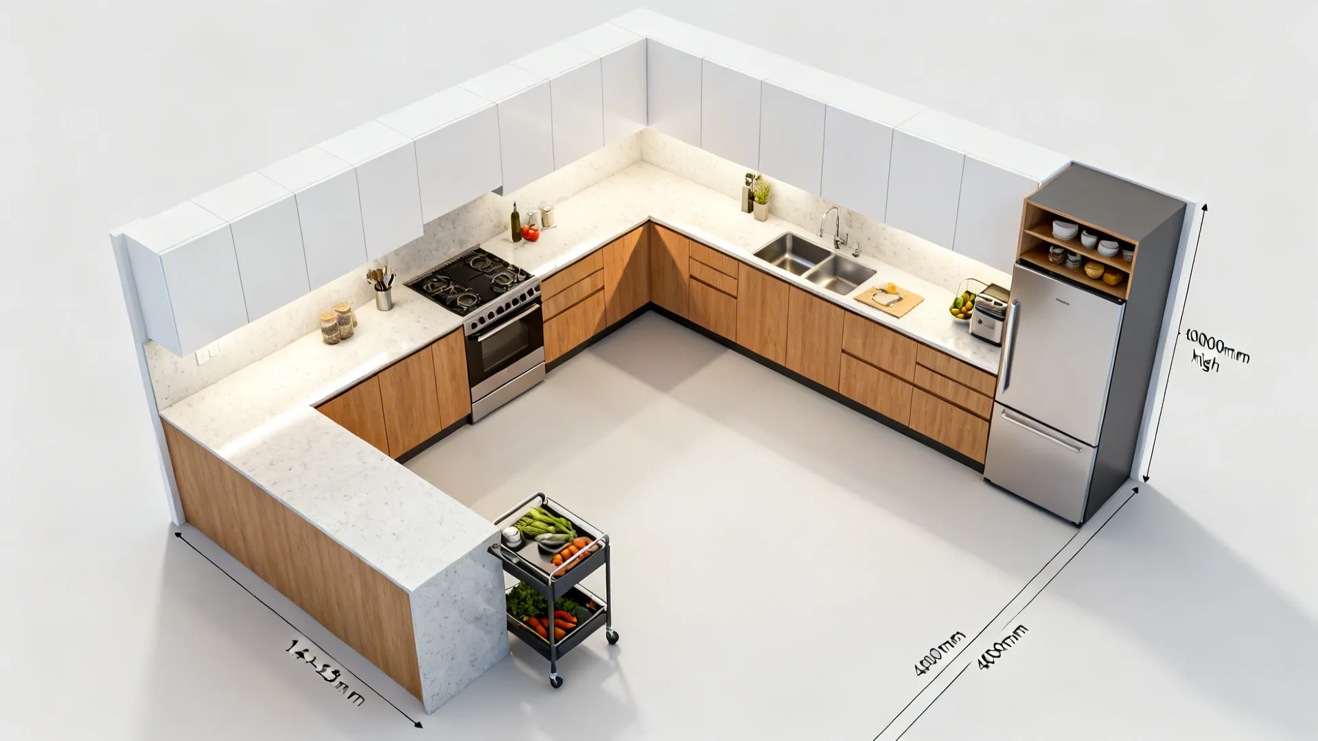Top-down view of L-shaped, single-wall, and galley layouts with clear work triangles.