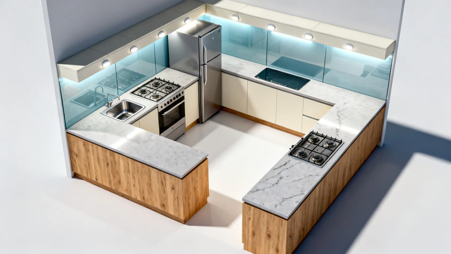 Top-down comparison of L-shaped and galley small kitchen layouts showing clear circulation.