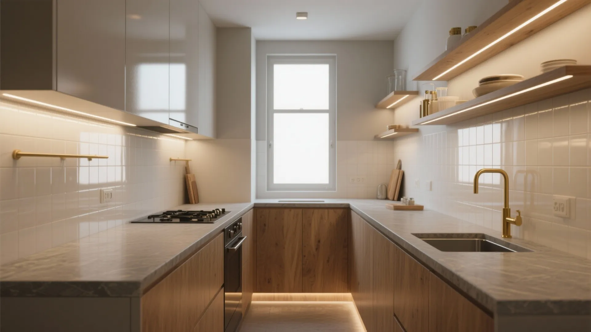U-shaped kitchen layout with wood cabinets grey marble counters white tiles and a small window