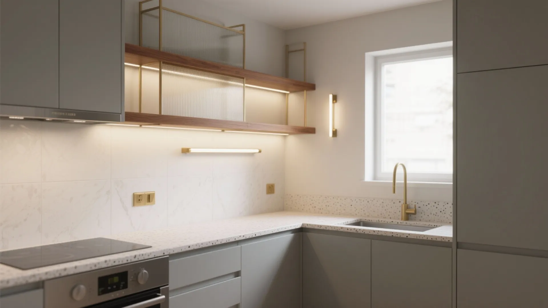 Modern grey kitchen with gold faucet, marble walls, wooden shelves, and warm horizontal wall lights