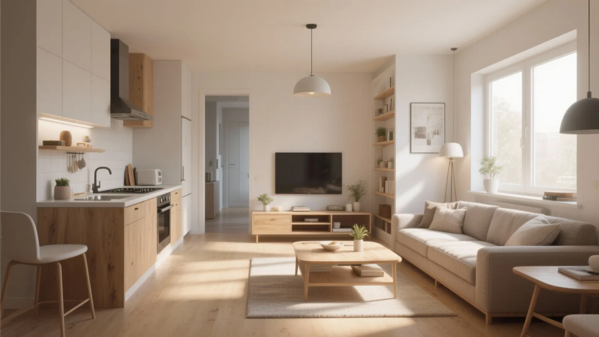 Modern open plan small apartment featuring light wood kitchen cabinets and a cozy grey sofa