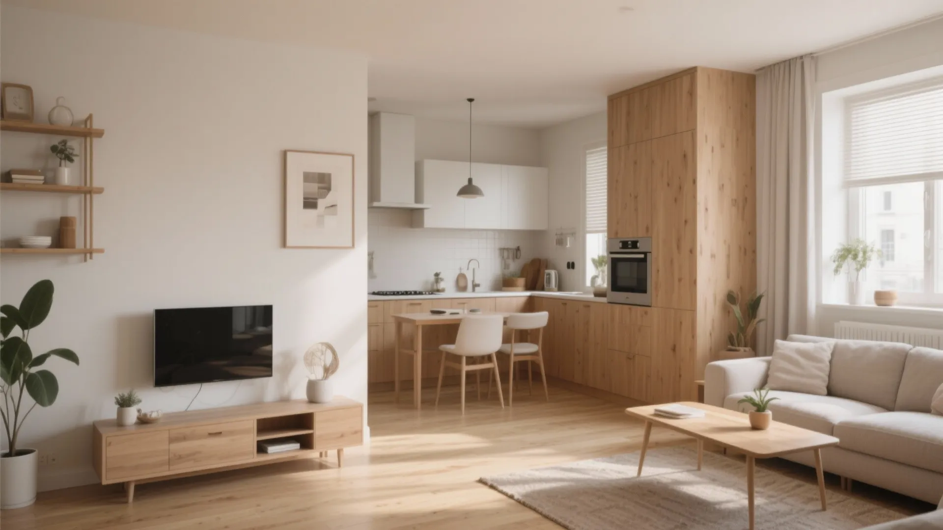 Open plan living space featuring a wooden TV stand and a small kitchen with dining
