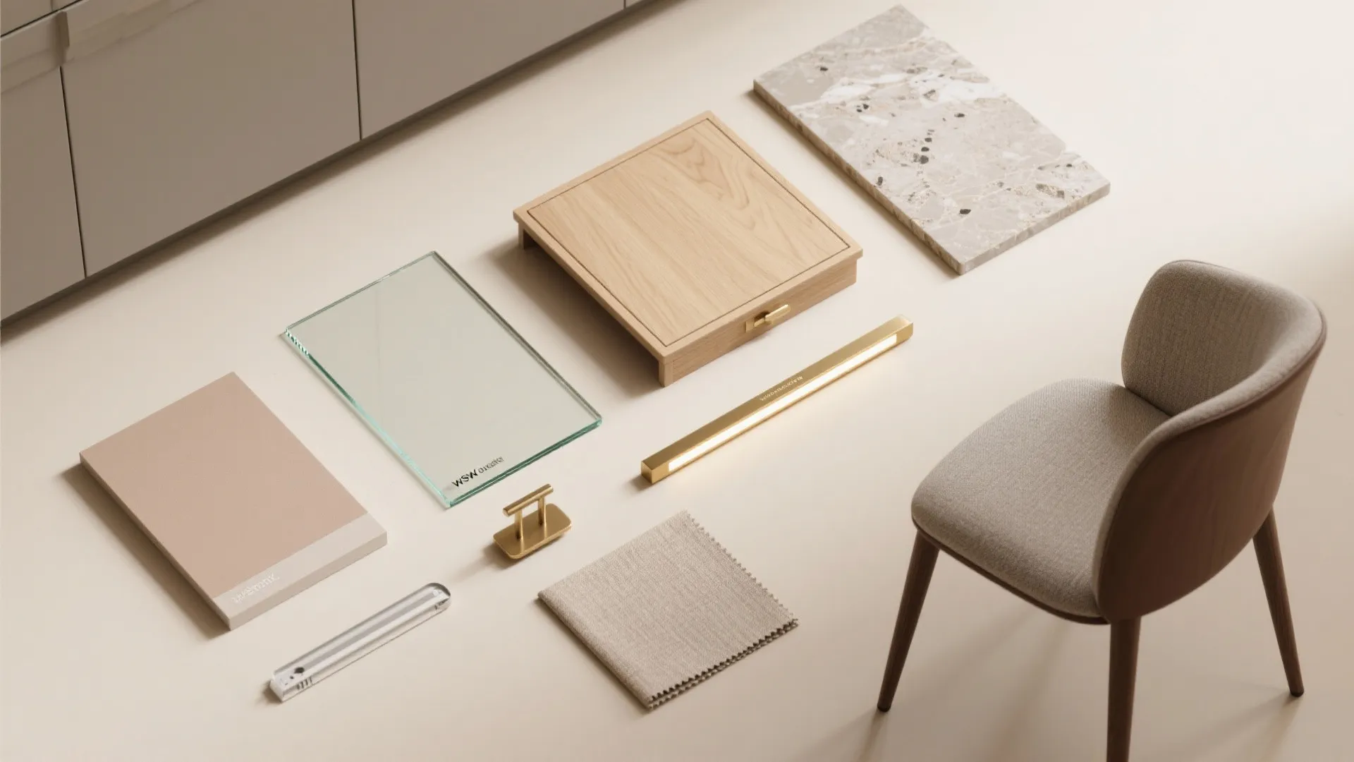 Collection of interior design materials including wood marble glass fabric and chair on flat background