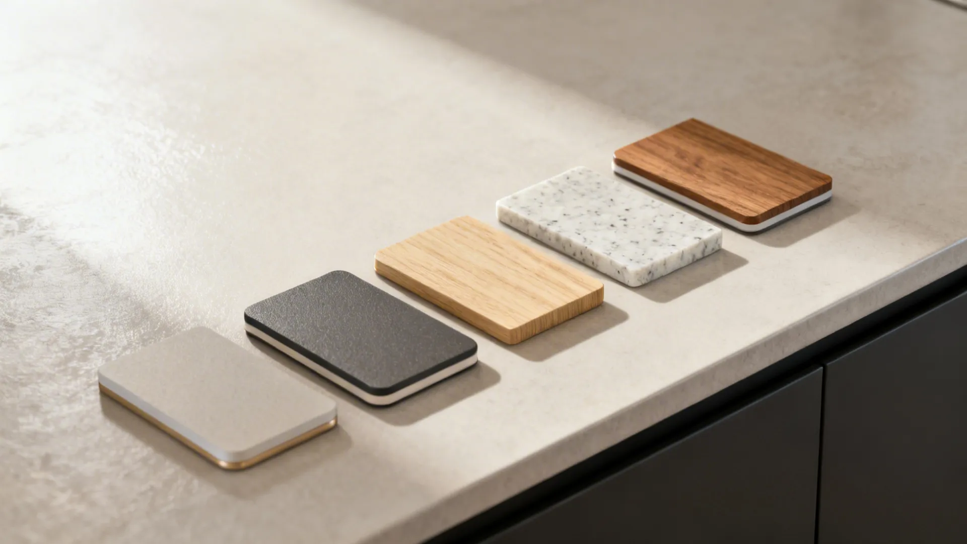 Flat lay of compact laminate, sealed hardwoods, quartz composite, and finish samples for small tables.