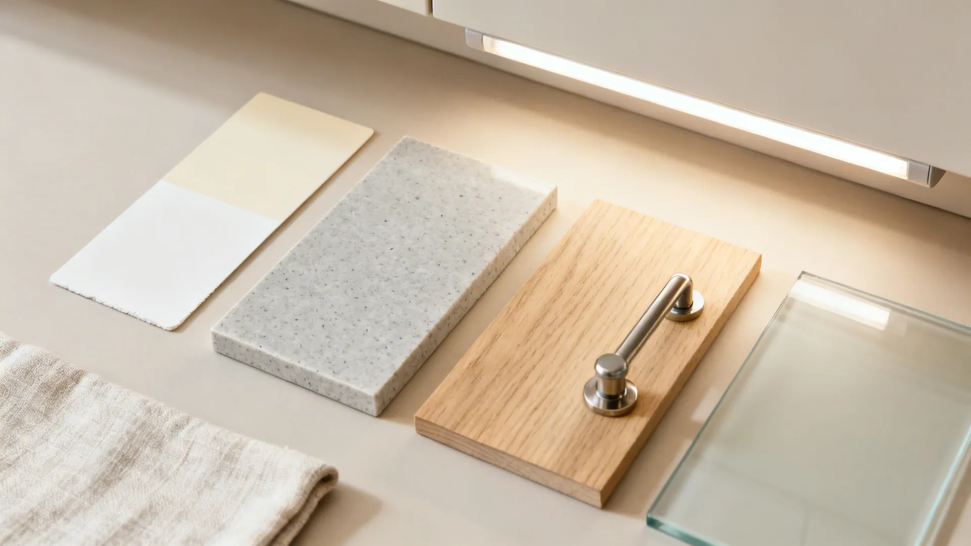 Flat lay of warm white paint, pale gray quartz, light oak, satin hardware, and glass backsplash sample.