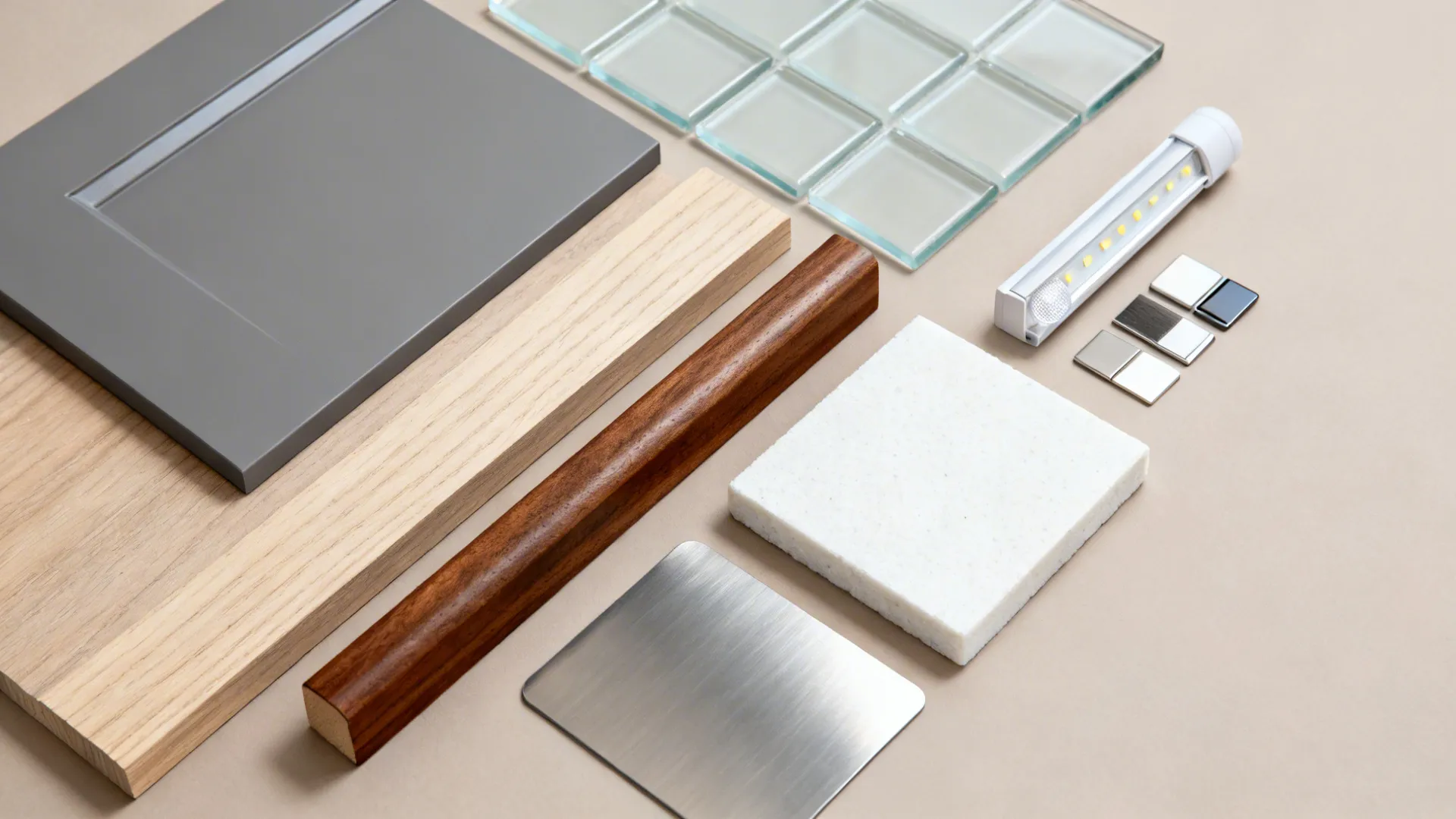 Collection of kitchen design material samples including wood glass tiles stone metal and light fixture