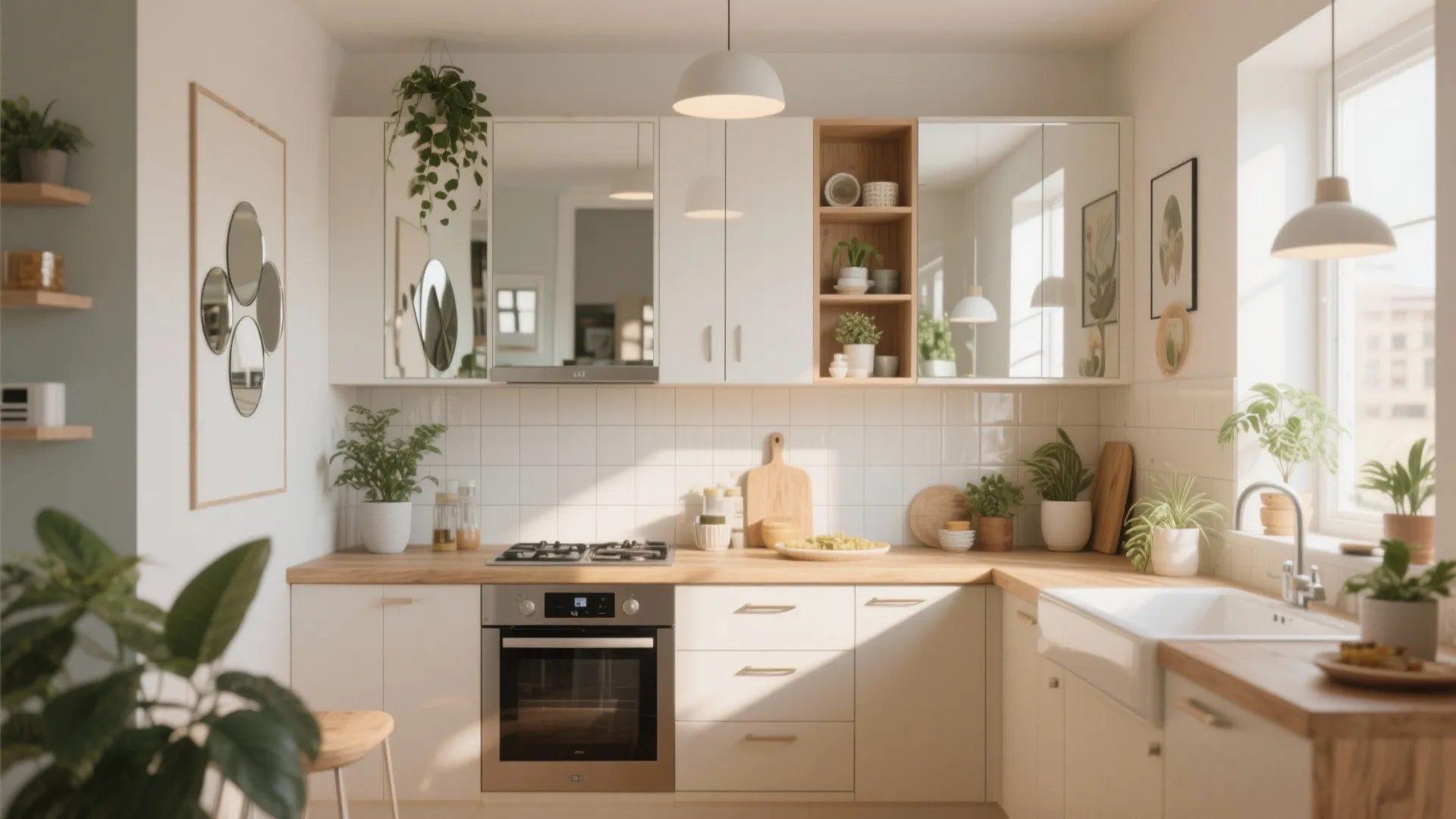 Bright kitchen with white cabinets wood countertops small mirrors potted plants sink oven and window