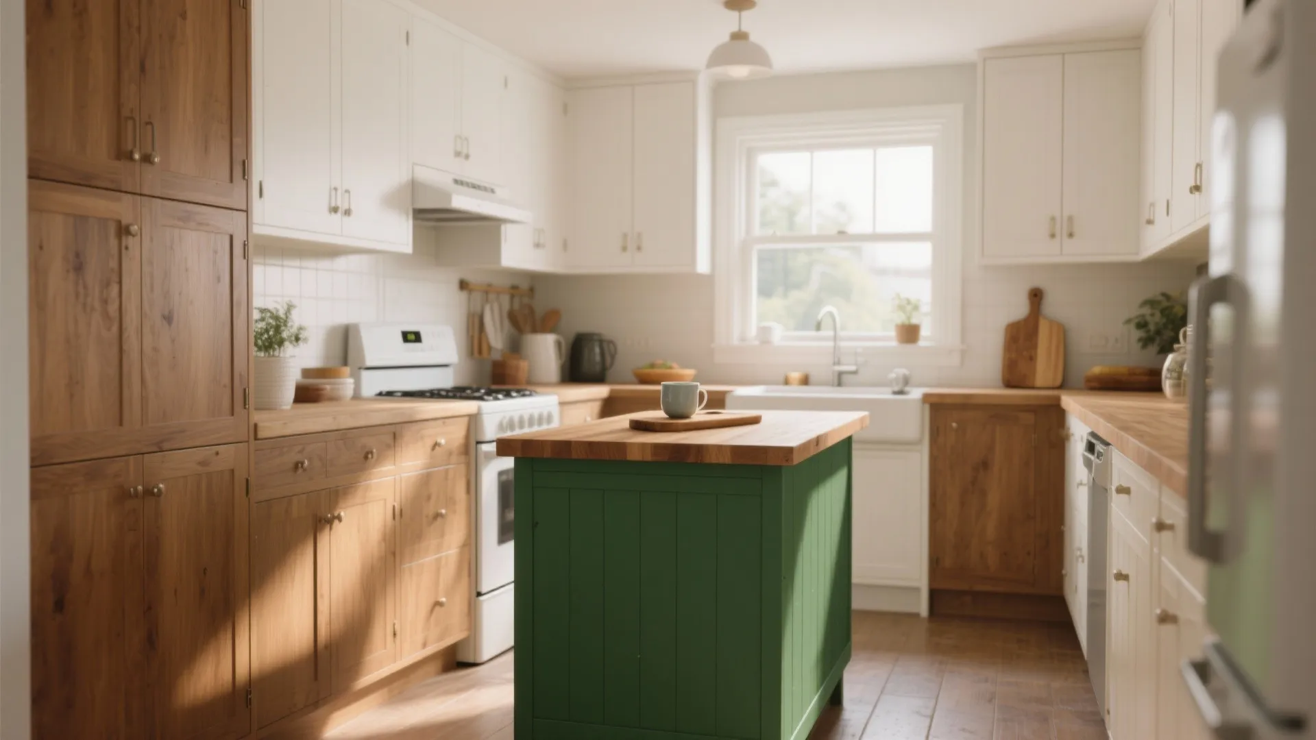 Warm kitchen with wooden lower cabinets white upper cabinets and a small green kitchen island
