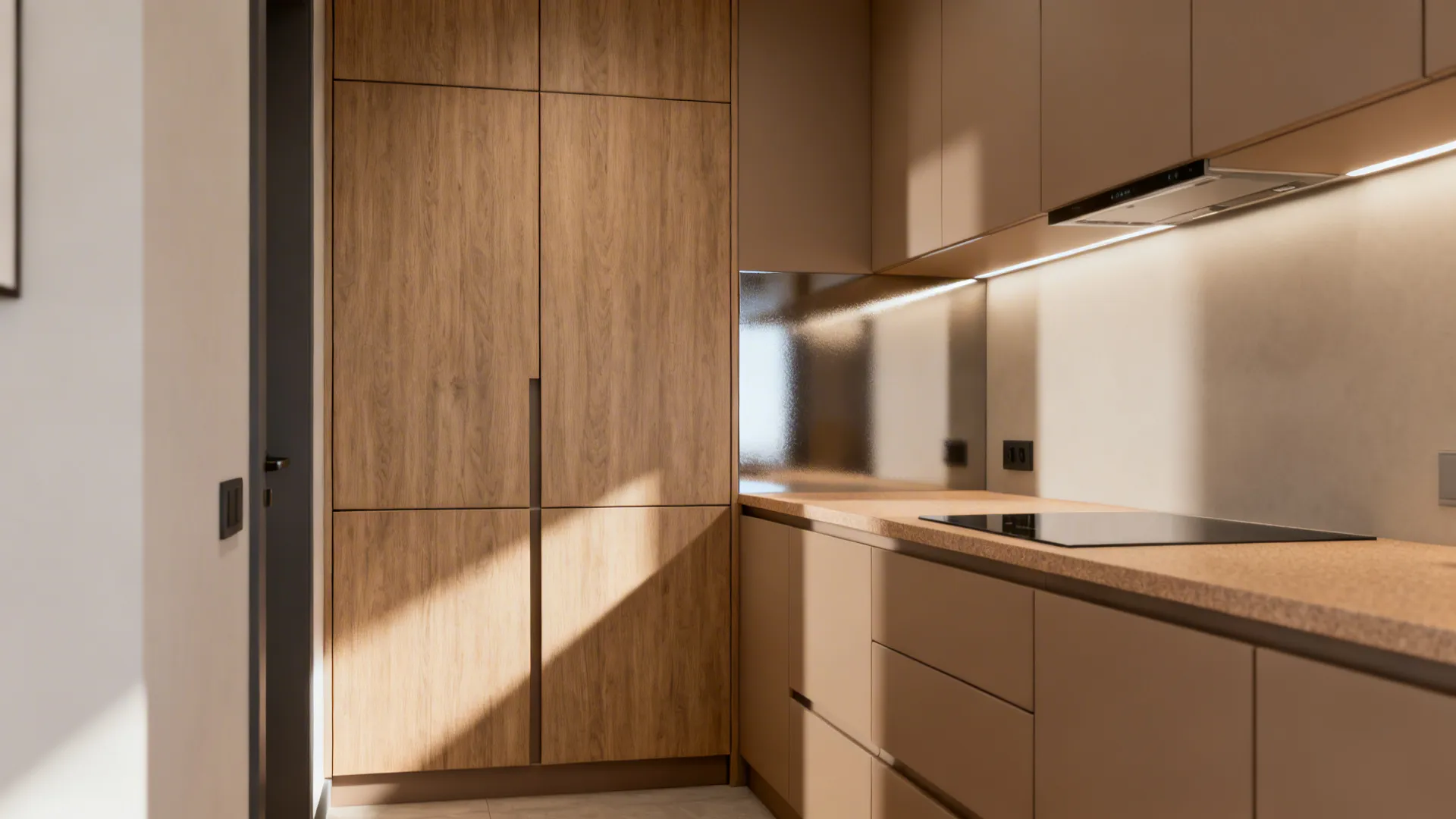 Modern kitchen with wood cabinets tan cupboards black stovetop shiny backsplash and warm natural sunlight