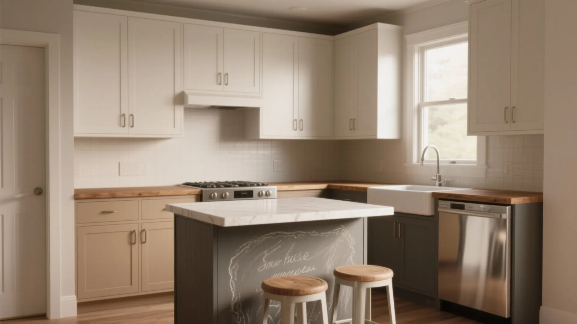 Small kitchen with white upper cabinets wood countertop grey island and two round wooden stools