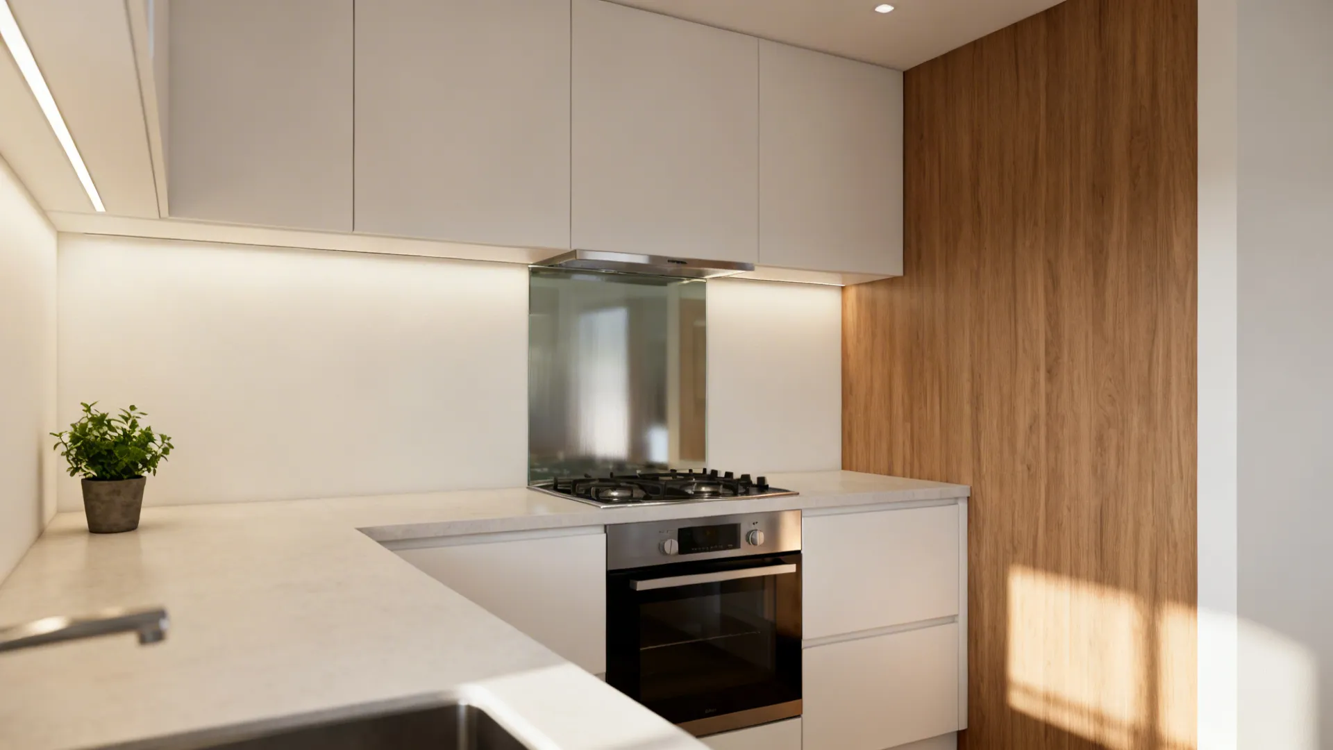 Modern white kitchen design featuring wooden wall panel gas stove oven and warm cabinet lighting