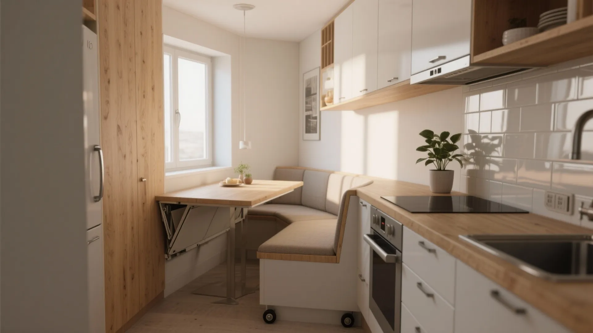 Small white kitchen with wooden counters a folding table and a corner bench for seating