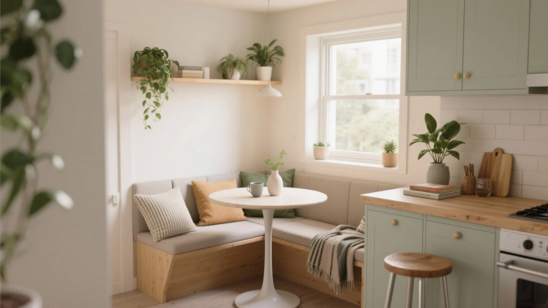 Small kitchen dining nook with corner bench, round white table, green cabinets, and potted plants