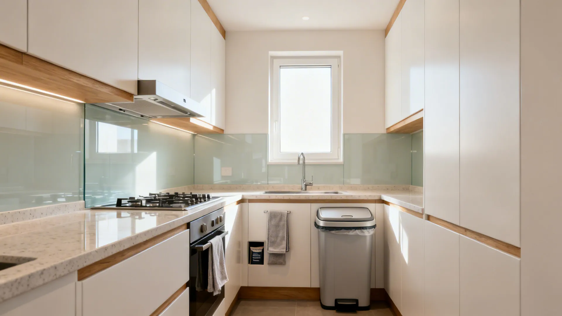 Small modern kitchen featuring white cabinets wood trim stone countertop silver trash can and window