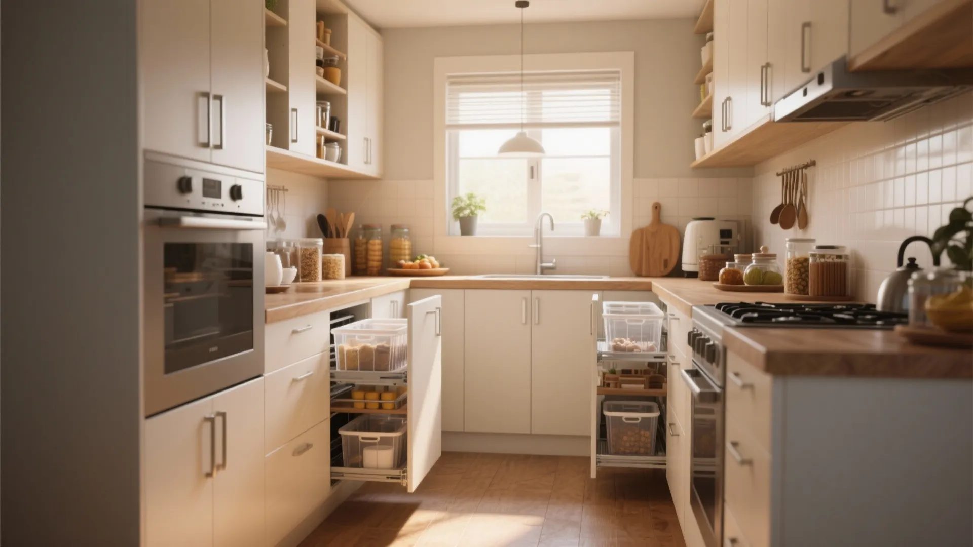 Modern small kitchen featuring white cabinets wood countertops and pull out storage bins for organization