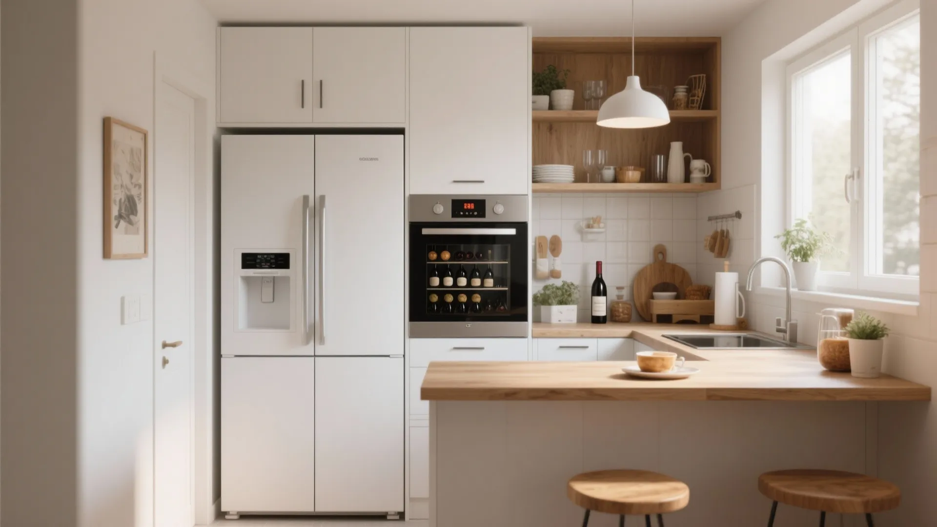 Modern white kitchen with large refrigerator, built-in oven, wooden countertops, sink, stools, and bright window.