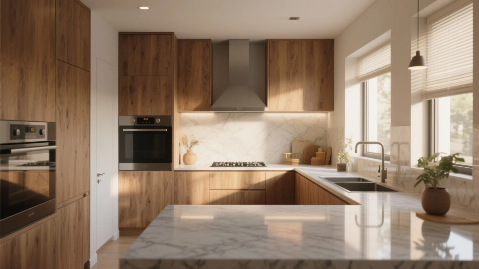 Modern wood kitchen cabinets with white stone countertop and stainless steel sink near a window