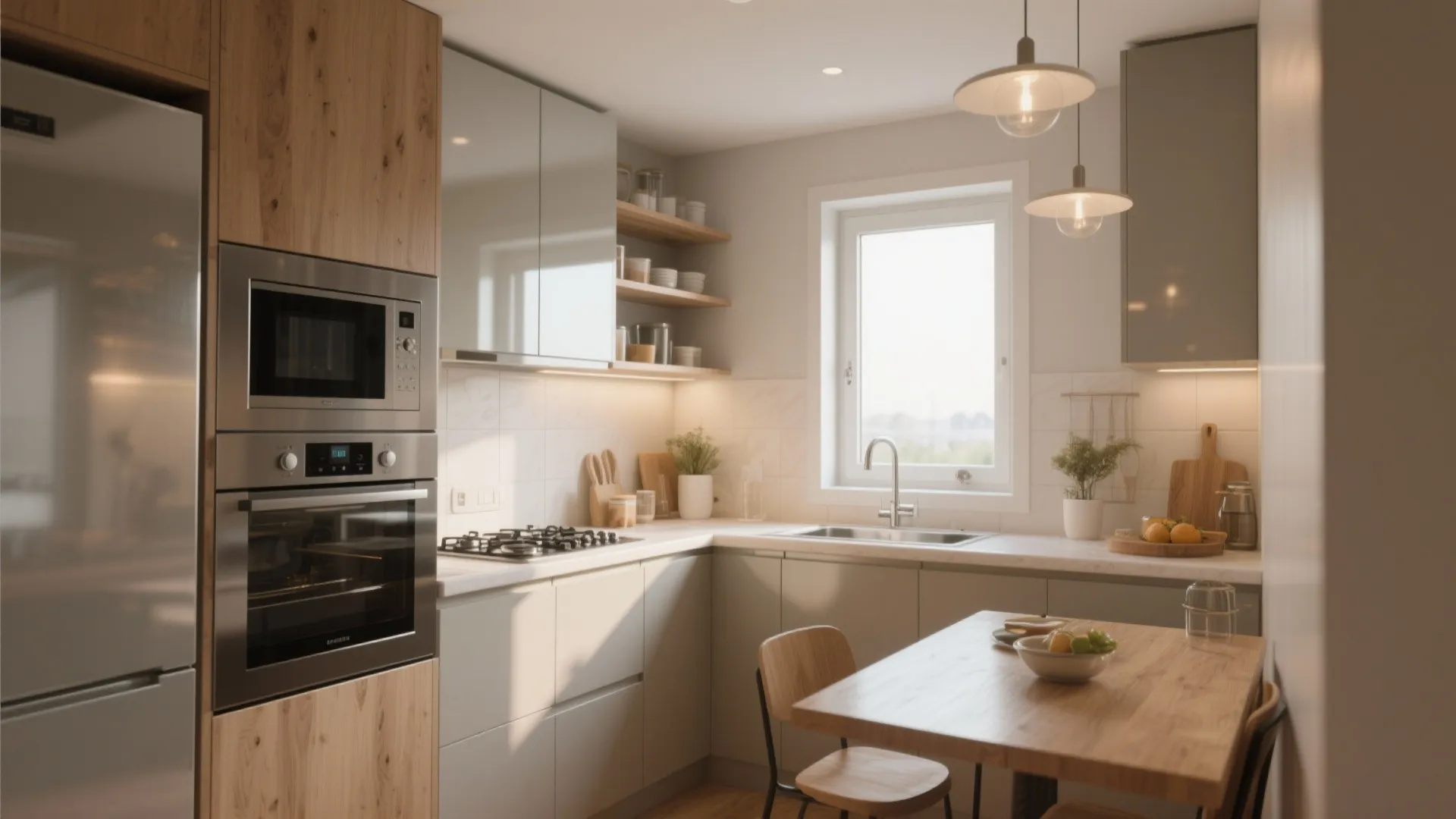 Small kitchen with wooden cabinets grey counters hanging ceiling lights dining table and large window