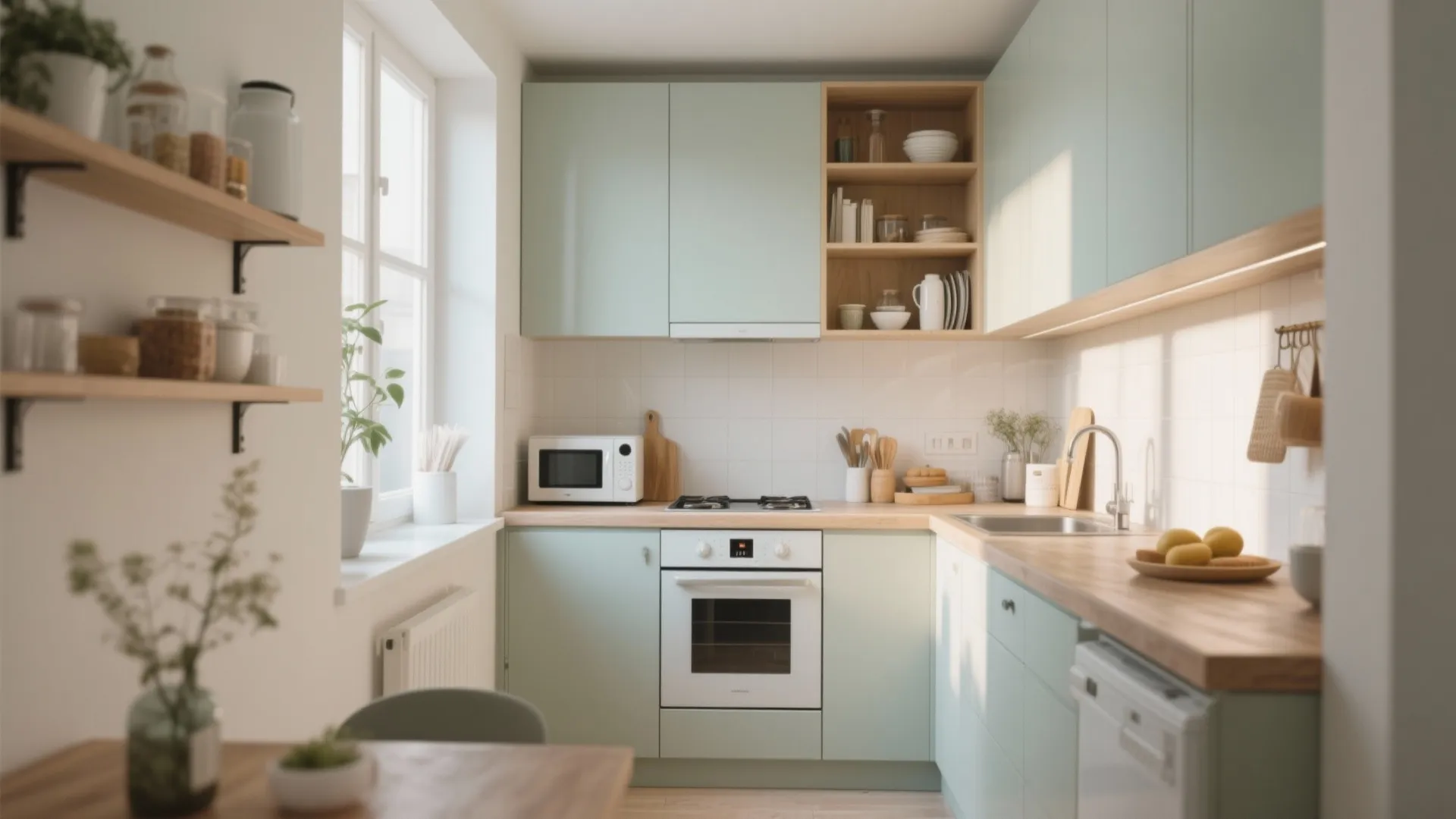Small kitchen with light green cabinets wood countertops white oven microwave and large bright window